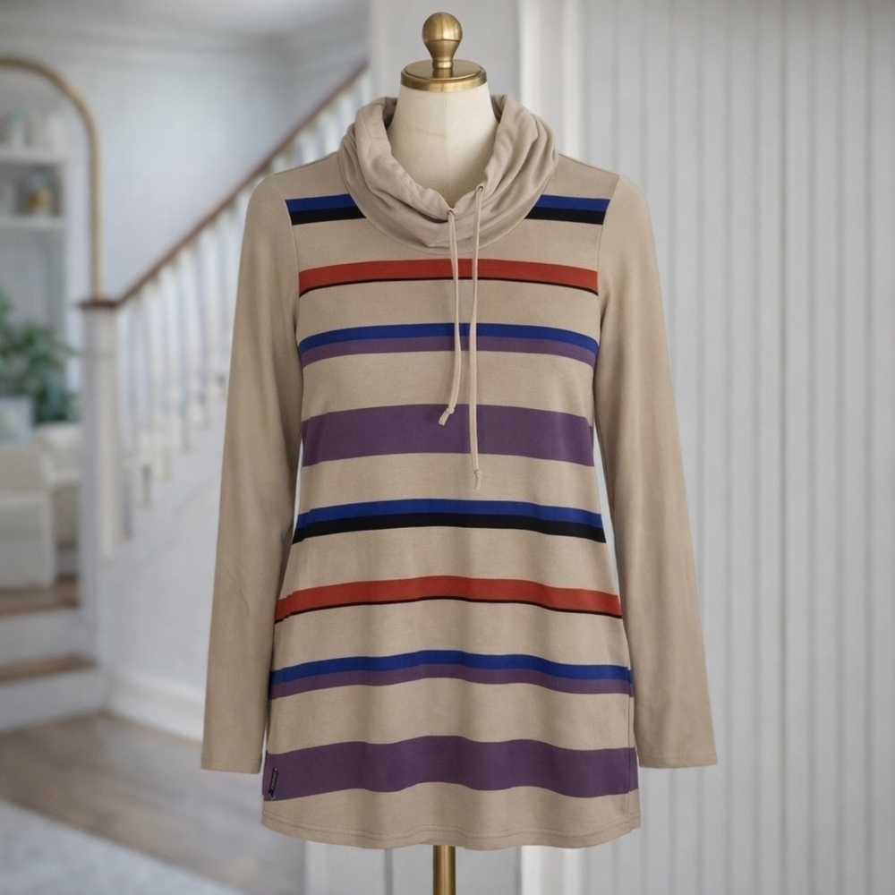 Lole Womens Small Athletic Shirt Workout Top Cowl Neck Long Sleeve Striped Med